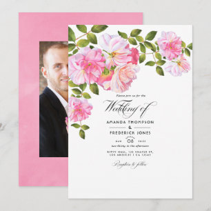 Convite Fotos de casamento no jardim de rosas cor-de-rosa