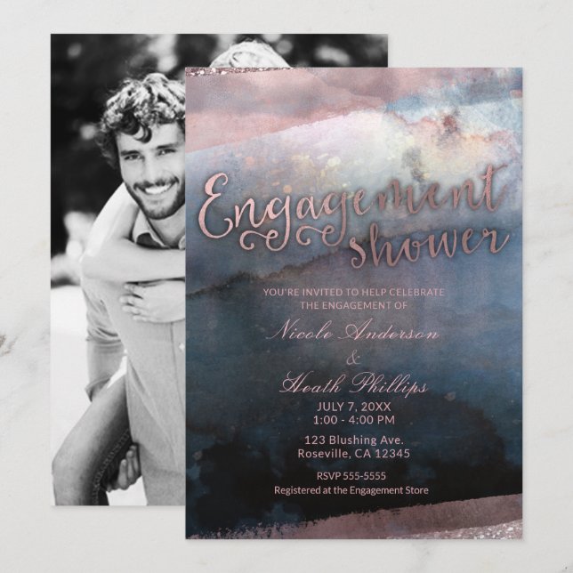 Convite Fotos de Engajamento com Rosa Azul em Aquarela Mod (Frente/Verso)