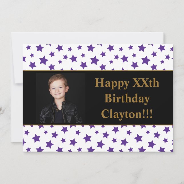 Convite Fotos de Estrelas Roxas Com Mensagem para Festa de (Frente)