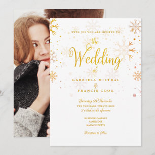 Convite Fotos de Flocos de Neve Dourados Casamento de Inve