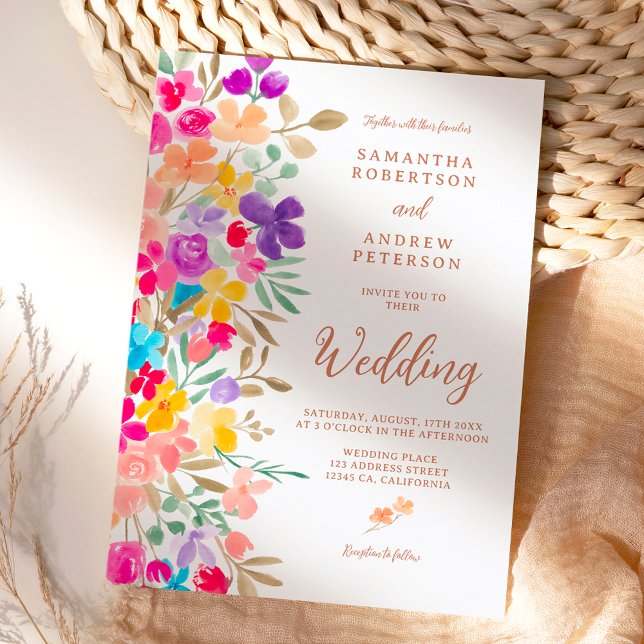 Convite Fotos de flores silvestres de jardim pintado rotei (Painted garden wildflowers photo script wedding invitation)