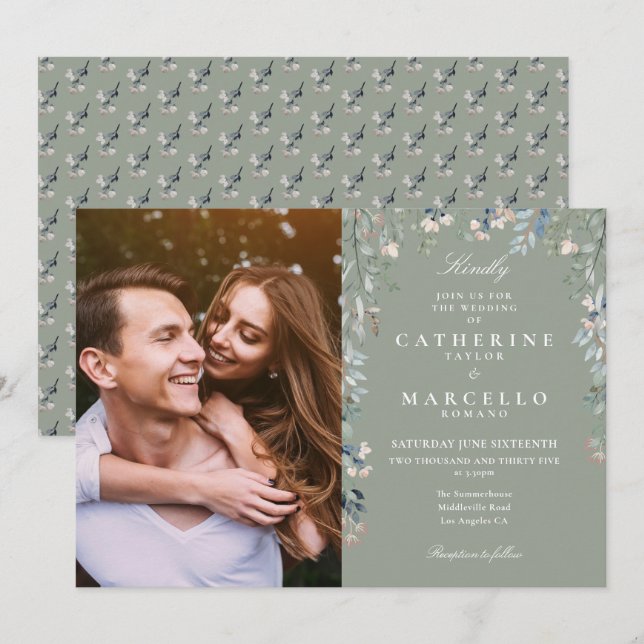 Convite Fotos de Flores Verdes Silvestres Casamento em Sag (Frente/Verso)