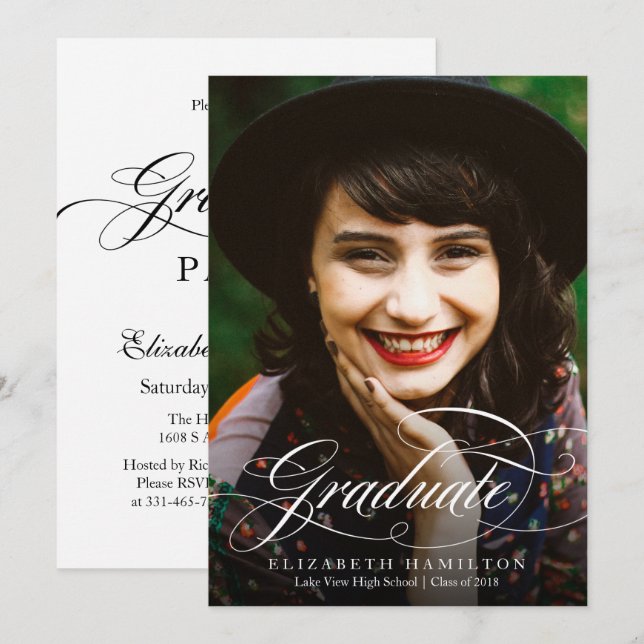 Convite Fotos de formatura com caligrafia sofisticada para (Frente/Verso)