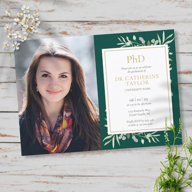 Convite Fotos de formatura com grau de PhD esmeralda doura (Criador carregado)