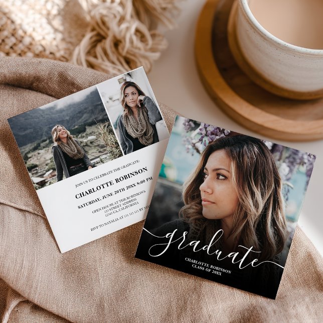 Convite Fotos de formatura em preto e branco com letra cur (Black white graduate script photo graduation invitation)