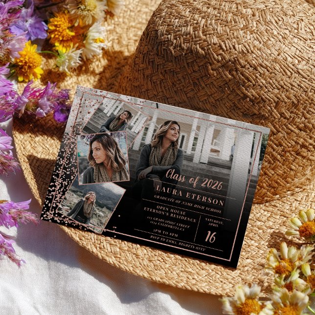 Convite Fotos de formatura modernas em rosa dourado chic m (Modern rose gold chic minimalist photo graduation invitation)