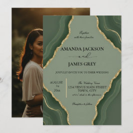 Convite Fotos de Geodo em Verde Sage Dourado para Casament