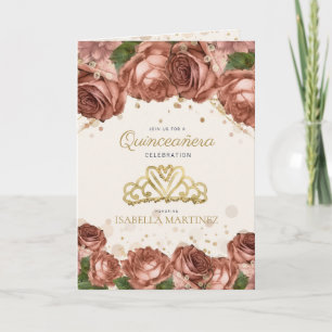 Convite Fotos de Quinceañera com Glitter Dourado e Floral