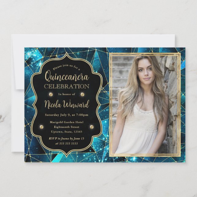 Convite Fotos de Quinceanera da Galáxia de Cristal Azul-es (Frente)