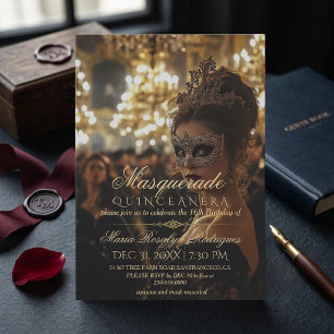 Convite Fotos de Quinceanera dourada Máscara Chic