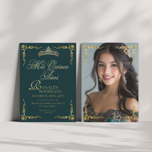 Convite Fotos de Quinceanera Princesa Ouro Verde Esmeralda