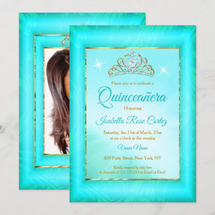 Convite Fotos de Quinze Anos Tiara Dourada azul Teal Damas
