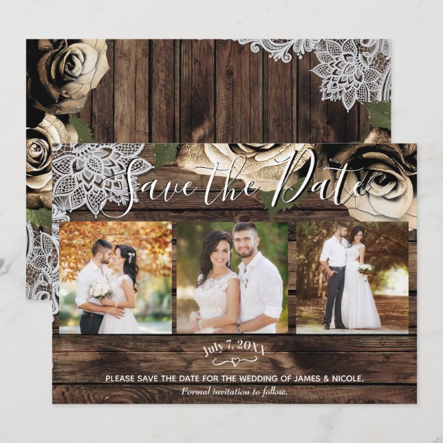 Convite Fotos de Rosas Douradas em Madeira Rústica Mínima  (Frente/Verso)