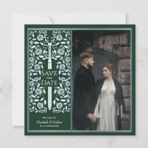 Convite Fotos de Silver Green Medieval Sword Save the Date