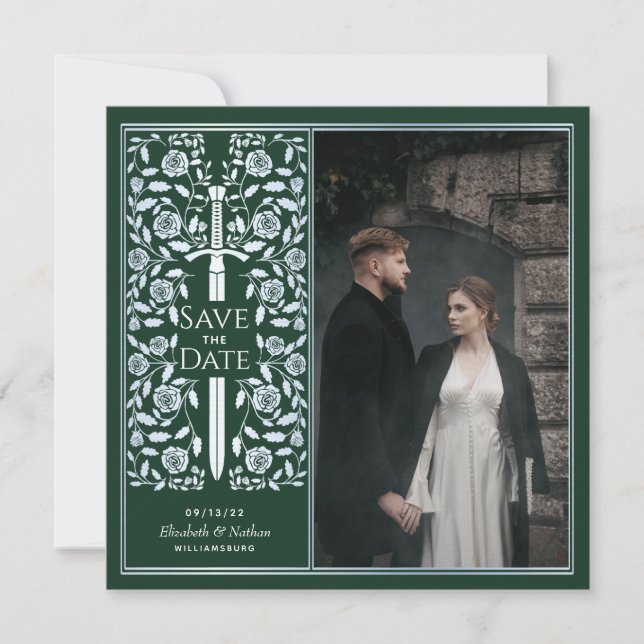 Convite Fotos de Silver Green Medieval Sword Save the Date (Frente)