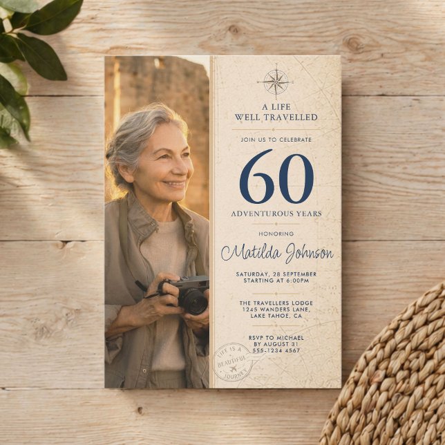 Convite Fotos de Viagens de Aventura para 60º Aniversário (Adventure Travel Photo 60th Birthday Invitation)