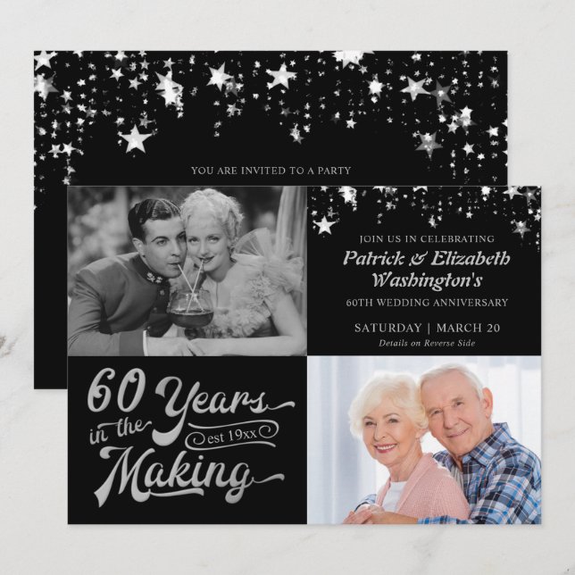 Convite Fotos do 60º Aniversário Then & Now Preto e Prata (Frente/Verso)