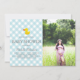 Convite Fotos do Bebê com Pato de Borracha em Xadrez Azul
