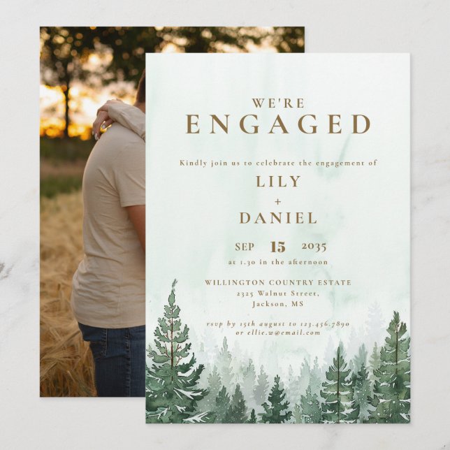 Convite Fotos do Partido de Noivado Floresta Aquarela Rúst (Frente/Verso)