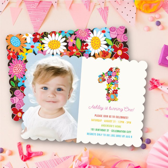 Convite Fotos do Primeiro Aniversário da Bebê com Flores d (Spring Flowers Garden Blooms Number One Photo Baby Girl's 1st Birthday Party Invitation @ fat_fa_tin)