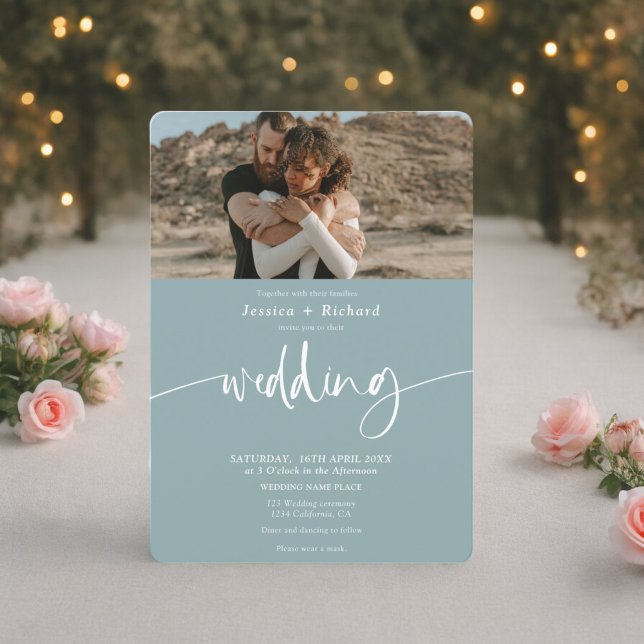 Convite Fotos do script de casamento azul-marinho moderno (Modern elegant sea blue wedding script photos invitation)