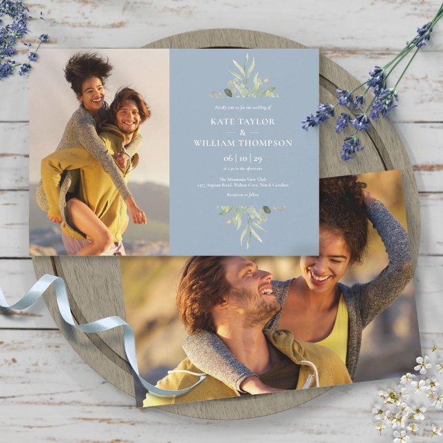 Convite Fotos Elegantes de Verde com Poeira Azul Casamento (Elegant Dusty Blue Greenery Photos Wedding Invitation)