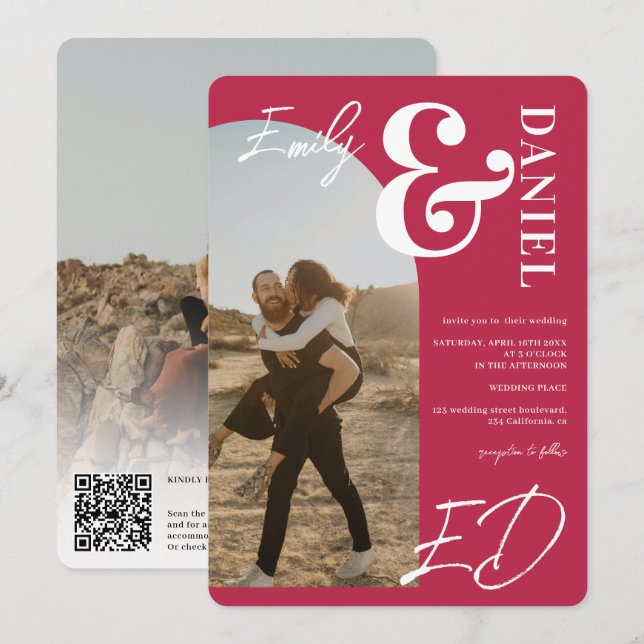 Convite Fotos em negrito com nomes de script Arch Magenta  (Frente/Verso)