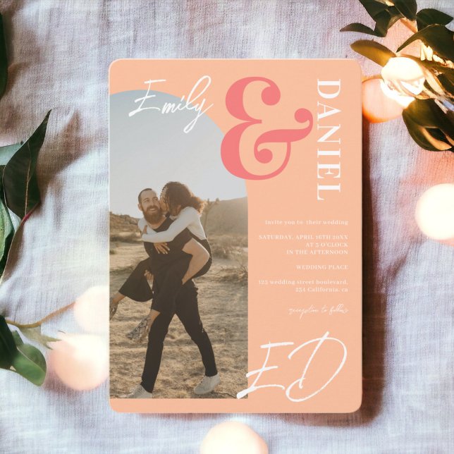Convite Fotos em negrito nome script Arch Pessach Casament (Photos bold names script arch peach salmon wedding invitation)