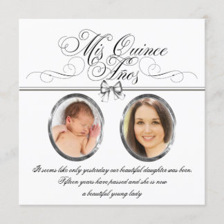Convite Fotos em preto e branco e prata Quinceanera