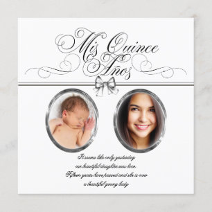 Convite Fotos em preto e prata para Quinceanera em branco