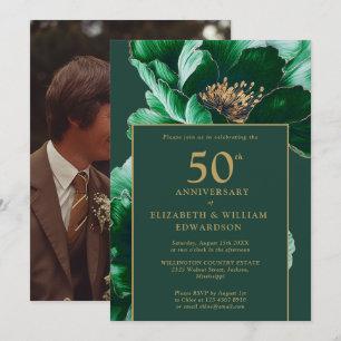 Convite Fotos Florais Verde Esmeralda Moderno 50º Aniversá