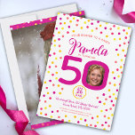 Convite Fotos personalizadas de 50 anos confetti cor-de-ro<br><div class="desc">Bright colorida confetti aleatoriamente pontos aleatórios aniversário 50 convites de festas surpresa. Em rosa escuro, vermelho, coral, ouro amarelo e amarelo em branco. Adicione a sua foto de aniversariante no centro do 0 em 50 e uma foto do tamanho do cheio no verso (ideal para uma oportunidade de fotos e...</div>