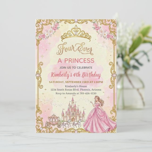 Convite Four Ever A Princess Pink Girl 4th Birthday Party (Em pé/Frente)