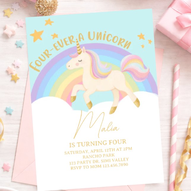 Convite Four-Ever a Unicorn 4th Birthday Invitation – Past (Criador carregado)