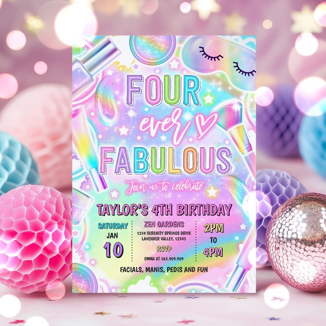Convite Four Ever Fabulous Rainbow Spa Makeup Birthday  (Criador carregado)