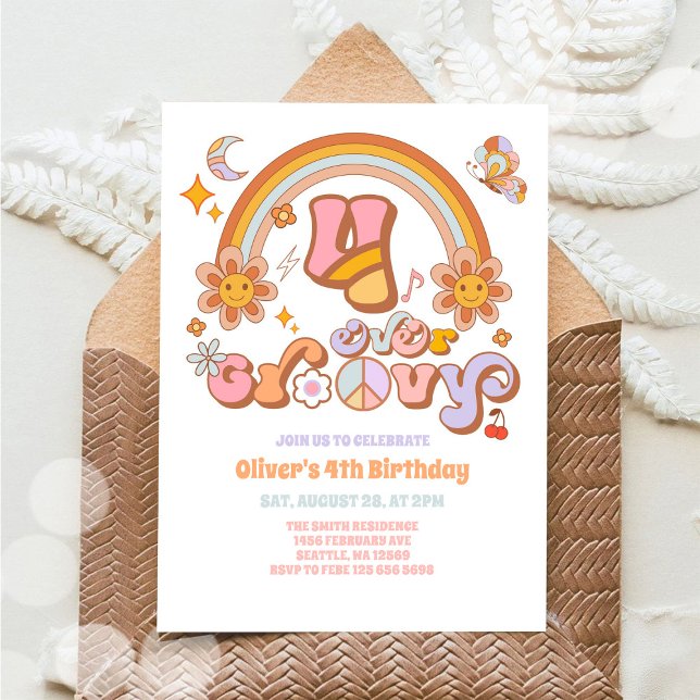 Convite Four Ever Groovy Retro 4th Birthday Invitation (Criador carregado)