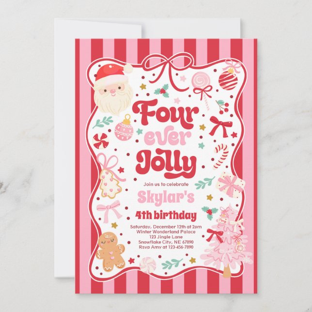 Convite Four Ever Jolly Christmas Bow 4th Birthday (Frente)