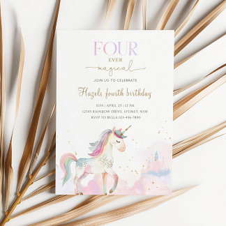 Convite Four Ever Magical Pastel Unicorn 4th Birthday