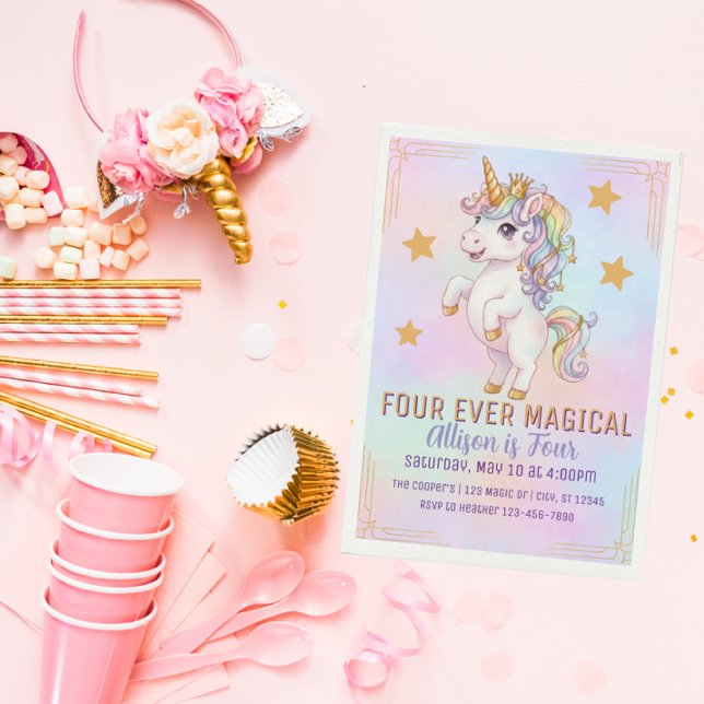Convite Four Ever Magical, Unicorn 4th Birthday (Criador carregado)