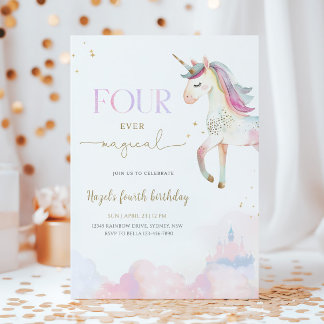 Convite Four Ever Magical Unicorn 4th Birthday Party
