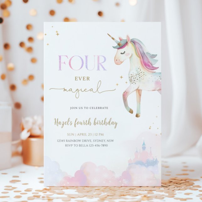 Convite Four Ever Magical Unicorn 4th Birthday Party (Criador carregado)