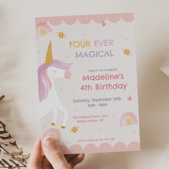 Convite Four Ever Magical Unicorn Pink Girl Birthday (Criador carregado)
