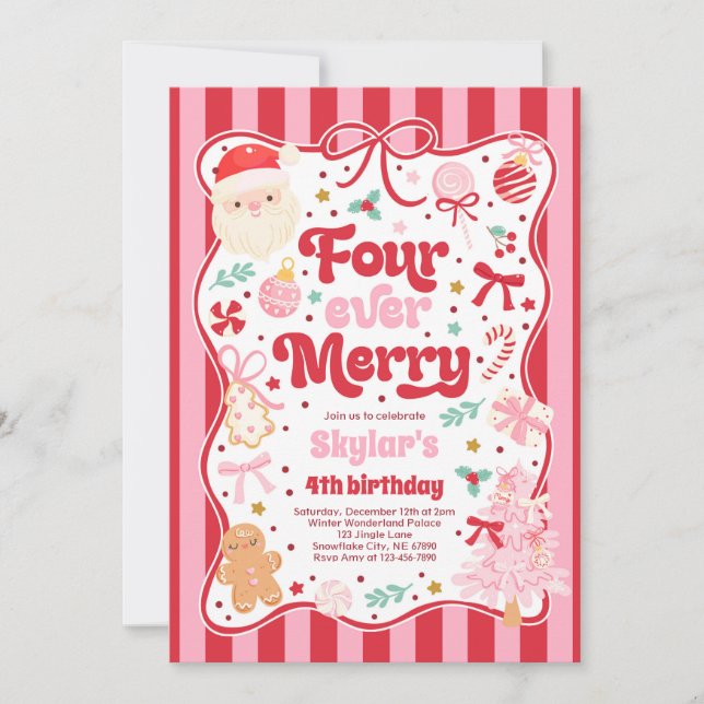 Convite Four Ever Merry Christmas Bow 4th Birthday (Frente)