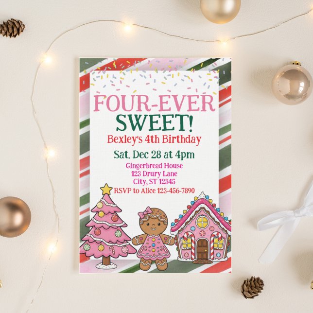Convite Four-Ever Sweet, Pink Gingerbread 4th Birthday (Criador carregado)