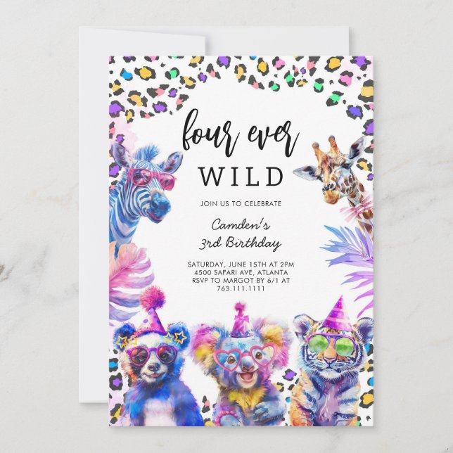 Convite Four Ever Wild Safari Animals 4th Birthday  (Frente)