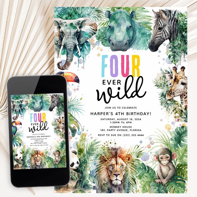 Convite Four Ever Wild Safari Animals Cool 4th Birthday (Criador carregado)