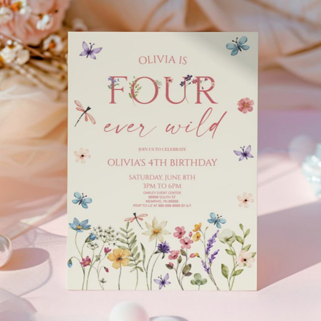Convite Four Ever Wild Wildflower 4th Birthday Party (Criador carregado)