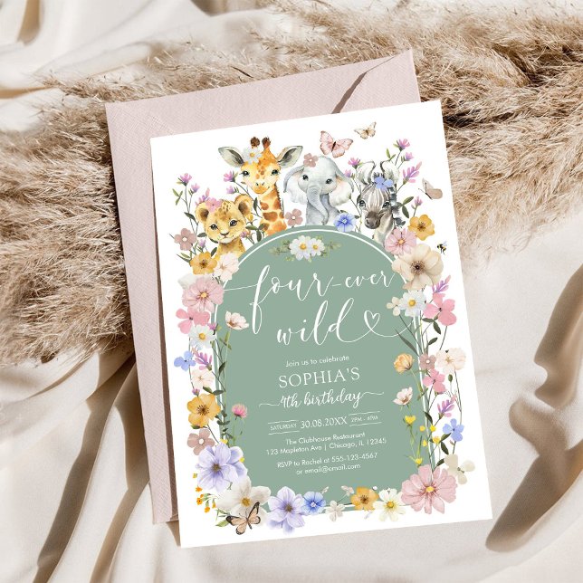 Convite Four Ever Wild Wildflower Animal 4th Birthday (Criador carregado)