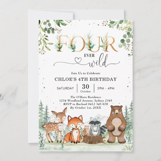 Convite Four Ever Wild Woodland Party Animals 4th Birthday (Frente)