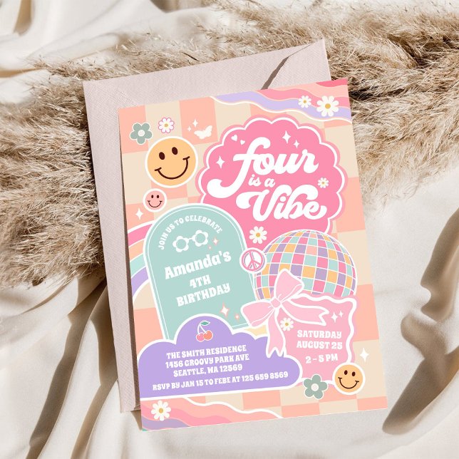 Convite Four Is A Vibe Cloud Rainbow Disco 4th Birthday (Criador carregado)